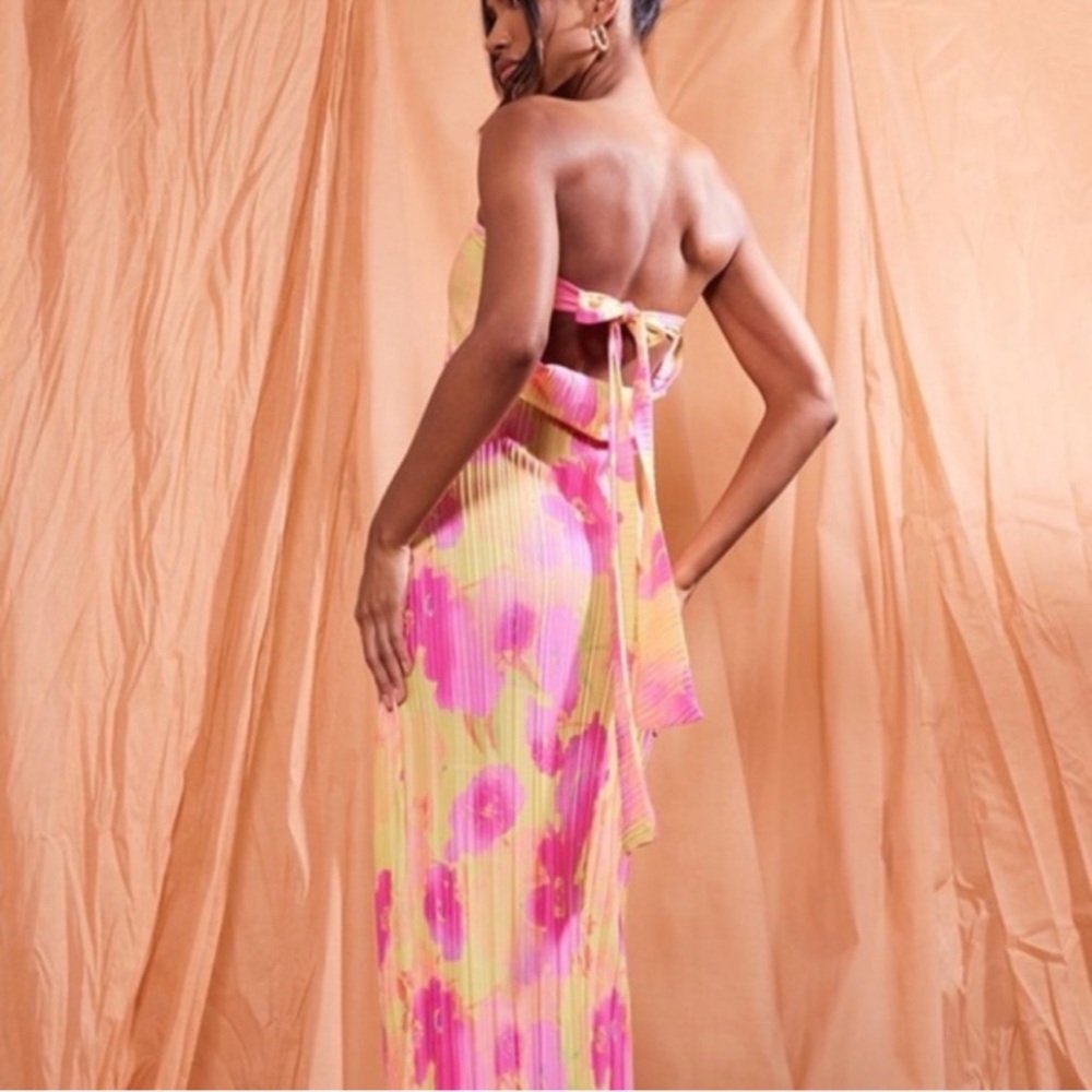 PrettyLittleThing Pink and Yellow Halter Sundress with Slit